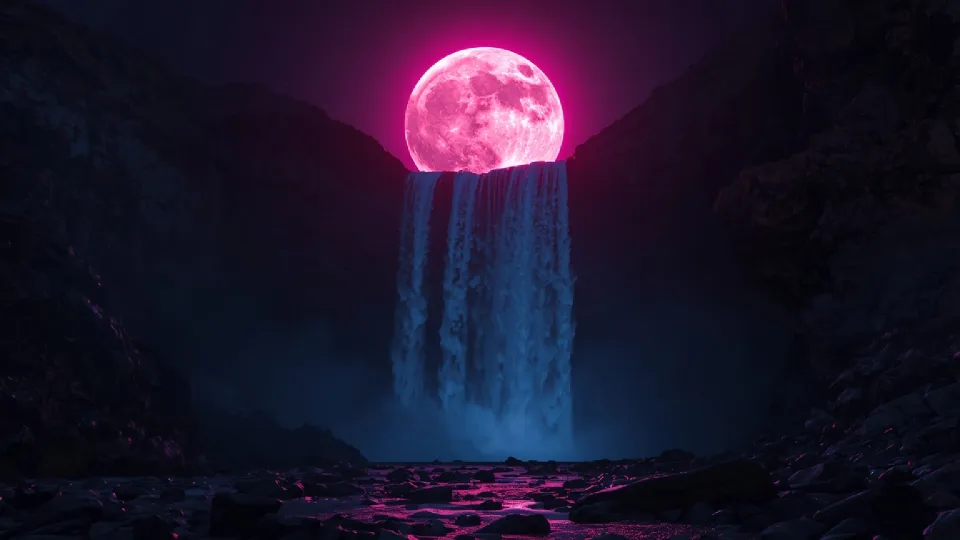 pink glowing moon with waterfall